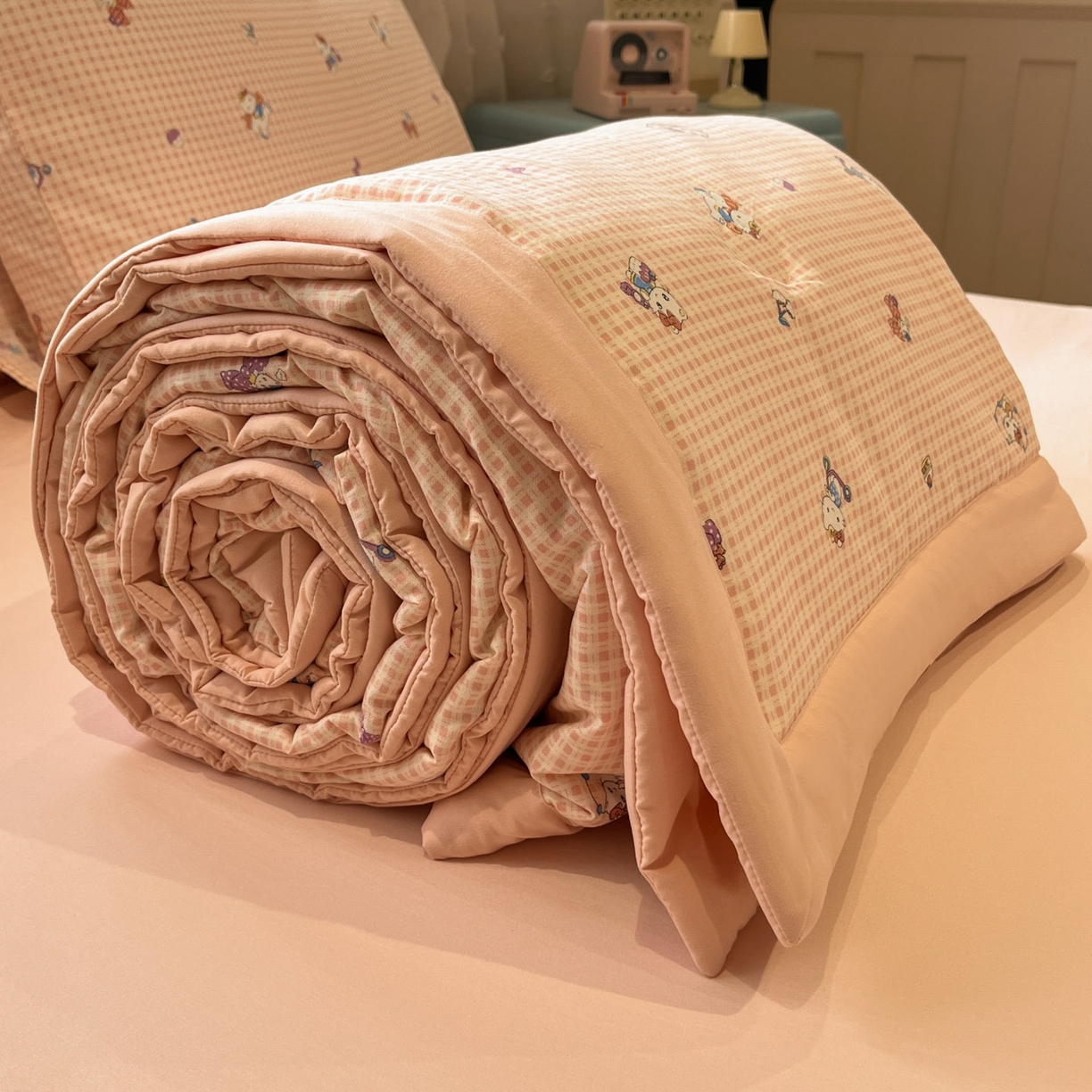 91家纺网 家纺一手货源 找家纺 一加一 2026新款云柔棉印花凉感冰蚕夏被夏凉被空调被四件套 粉格凯蒂