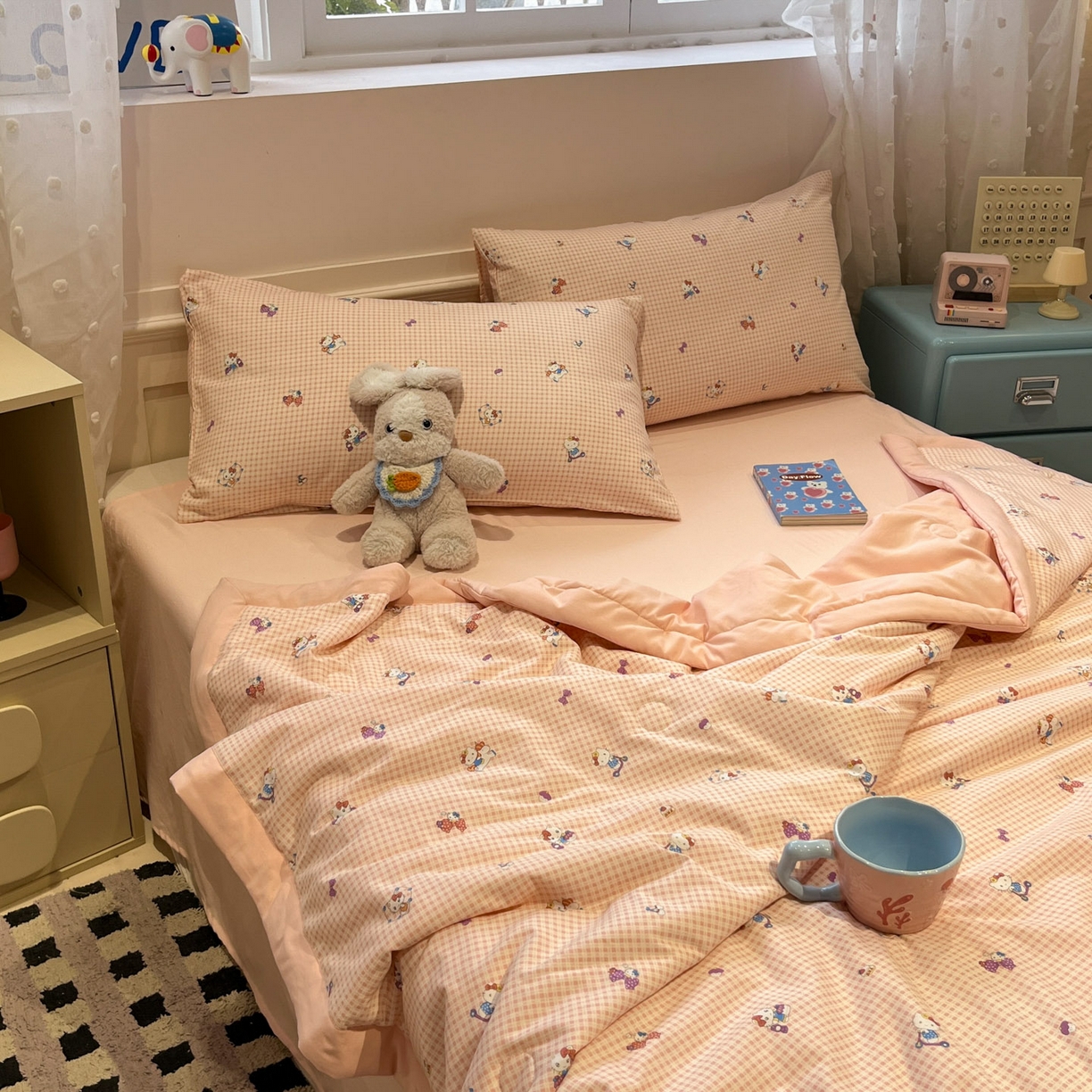 91家纺网 家纺一手货源 找家纺 一加一 2026新款云柔棉印花凉感冰蚕夏被夏凉被空调被四件套 粉格凯蒂