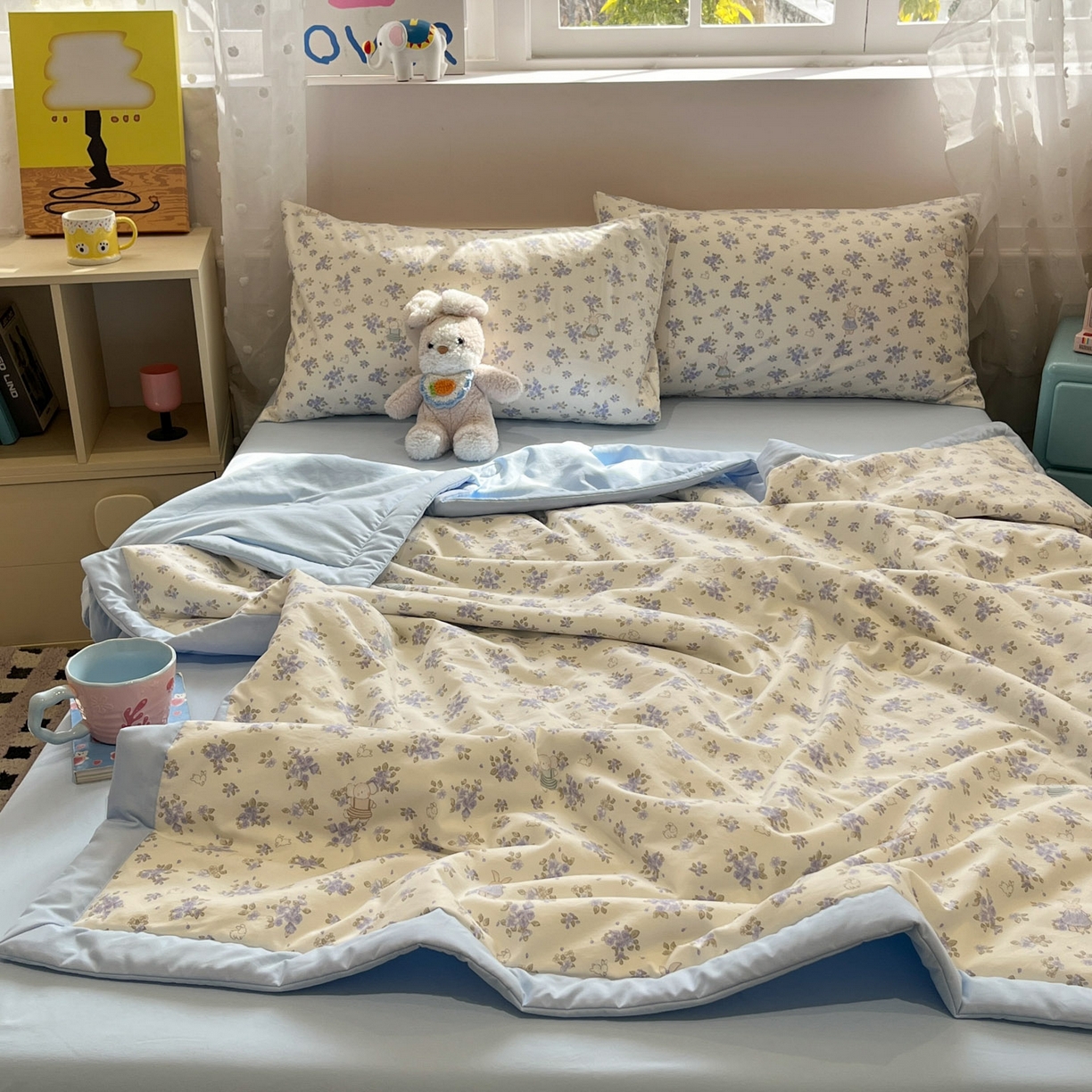 91家纺网 家纺一手货源 找家纺 一加一 2026新款云柔棉印花凉感冰蚕夏被夏凉被空调被四件套 花季