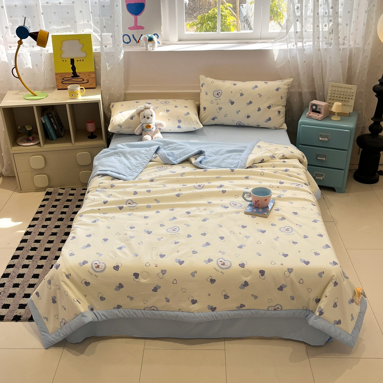 91家纺网 家纺一手货源 找家纺 一加一 2026新款云柔棉印花凉感冰蚕夏被夏凉被空调被四件套 奶油大耳狗