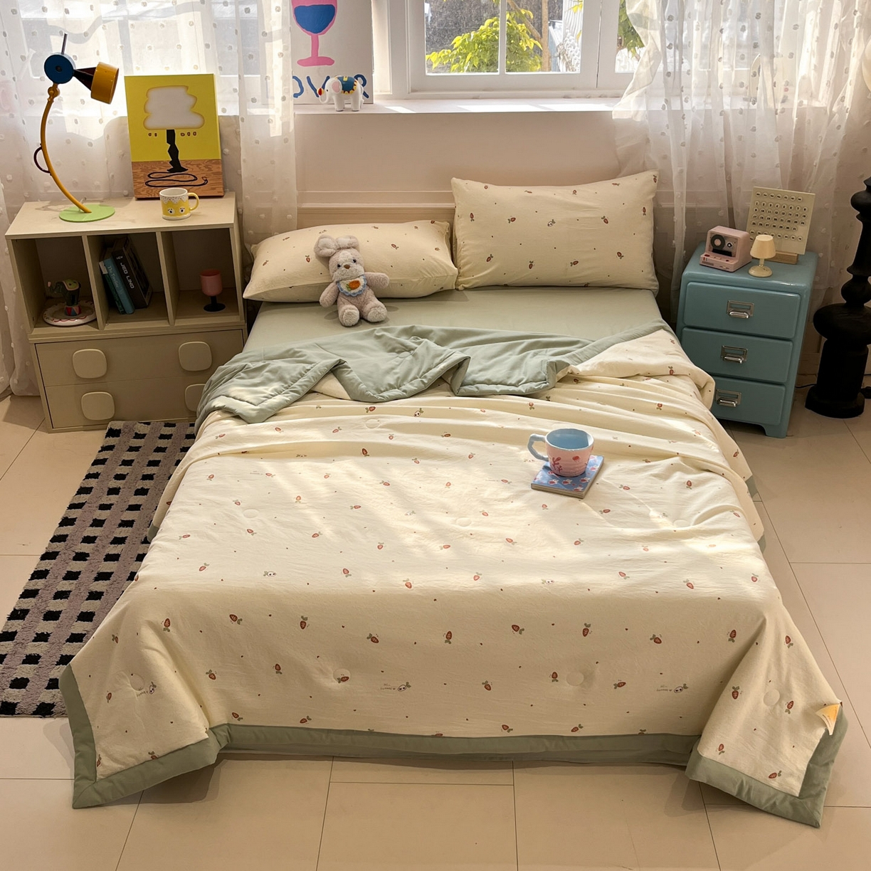 91家纺网 家纺一手货源 找家纺 一加一 2026新款云柔棉印花凉感冰蚕夏被夏凉被空调被四件套 浅夏