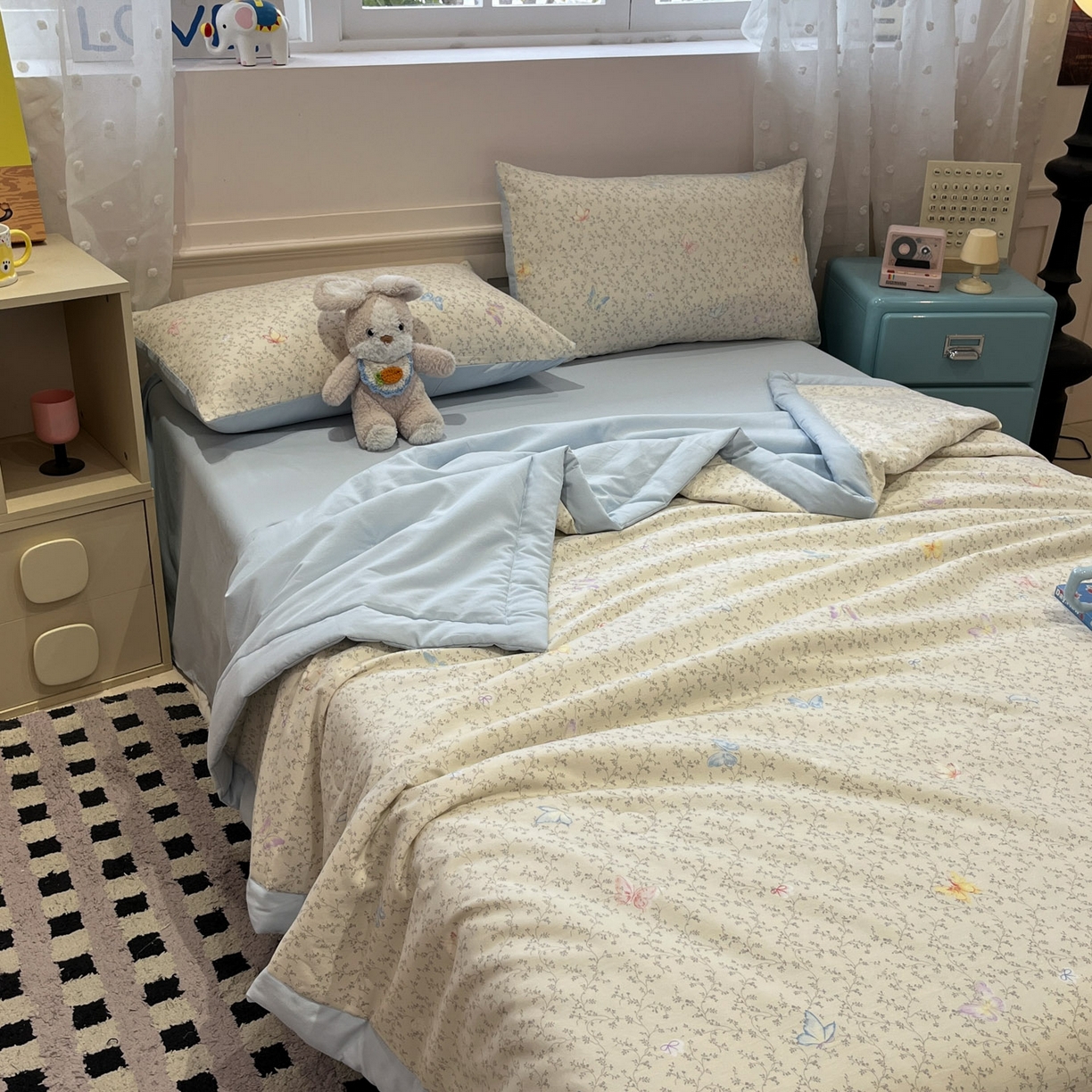 91家纺网 家纺一手货源 找家纺 一加一 2026新款云柔棉印花凉感冰蚕夏被夏凉被空调被四件套 相思