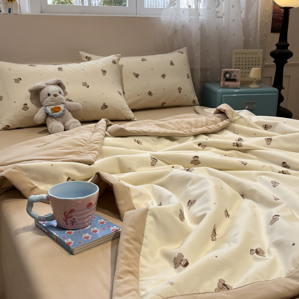 91家纺网 家纺一手货源 找家纺 一加一 2026新款云柔棉印花凉感冰蚕夏被夏凉被空调被四件套 星星熊