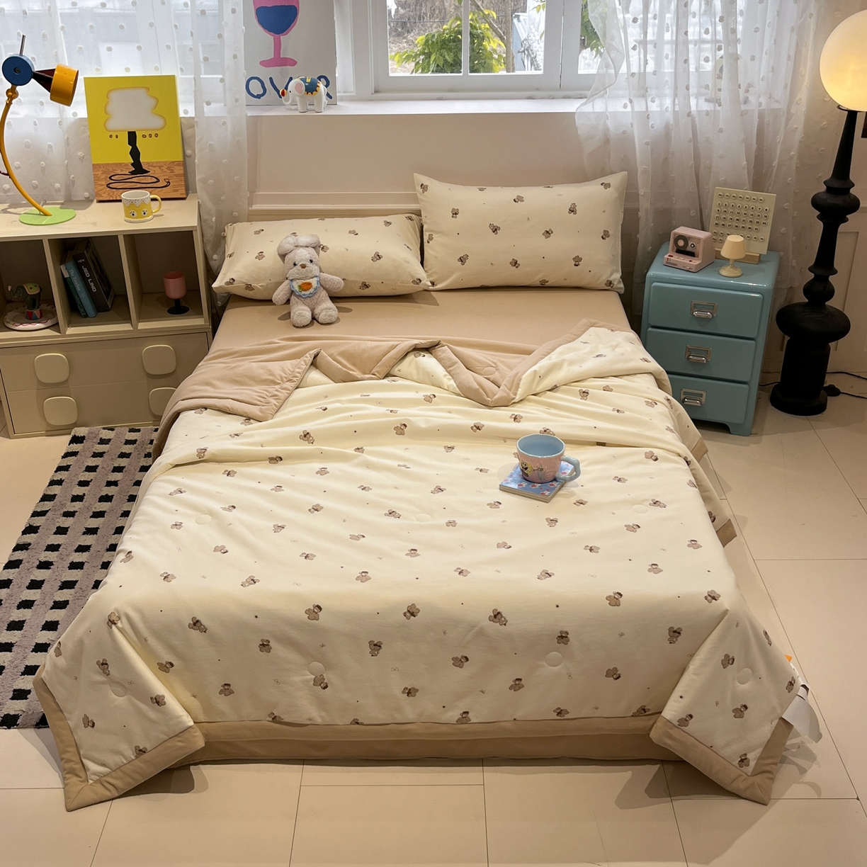 91家纺网 家纺一手货源 找家纺 一加一 2026新款云柔棉印花凉感冰蚕夏被夏凉被空调被四件套 星星熊