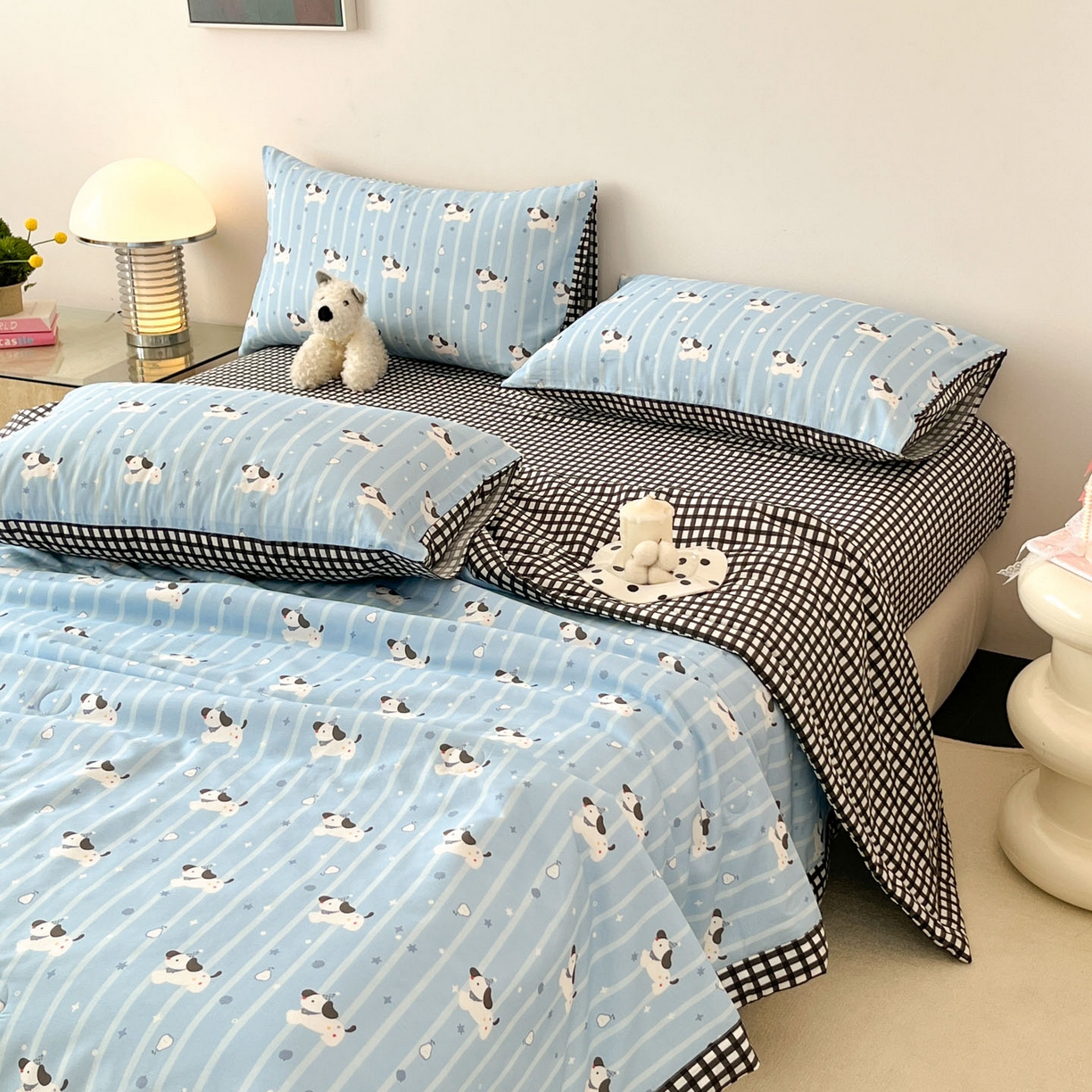 91家纺网 家纺一手货源 找家纺 一加一 2026新款全棉新疆棉花夏被夏凉被空调被四件套-棉语清夏 哈哈狗