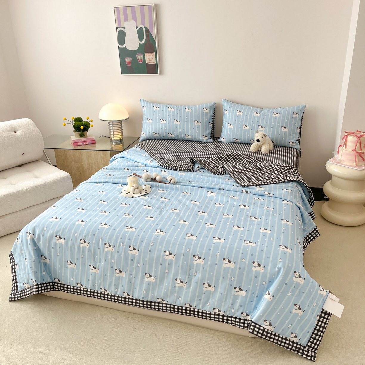 91家纺网 家纺一手货源 找家纺 一加一 2026新款全棉新疆棉花夏被夏凉被空调被四件套-棉语清夏 哈哈狗