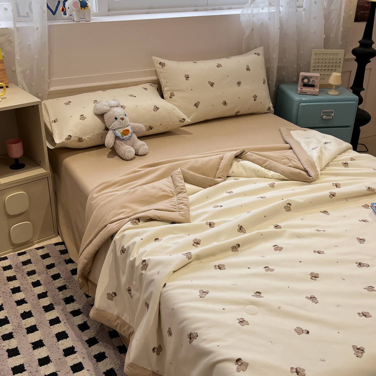 91家纺网 家纺一手货源 找家纺 一加一 2026新款云柔棉印花凉感冰蚕夏被夏凉被空调被四件套 星星熊