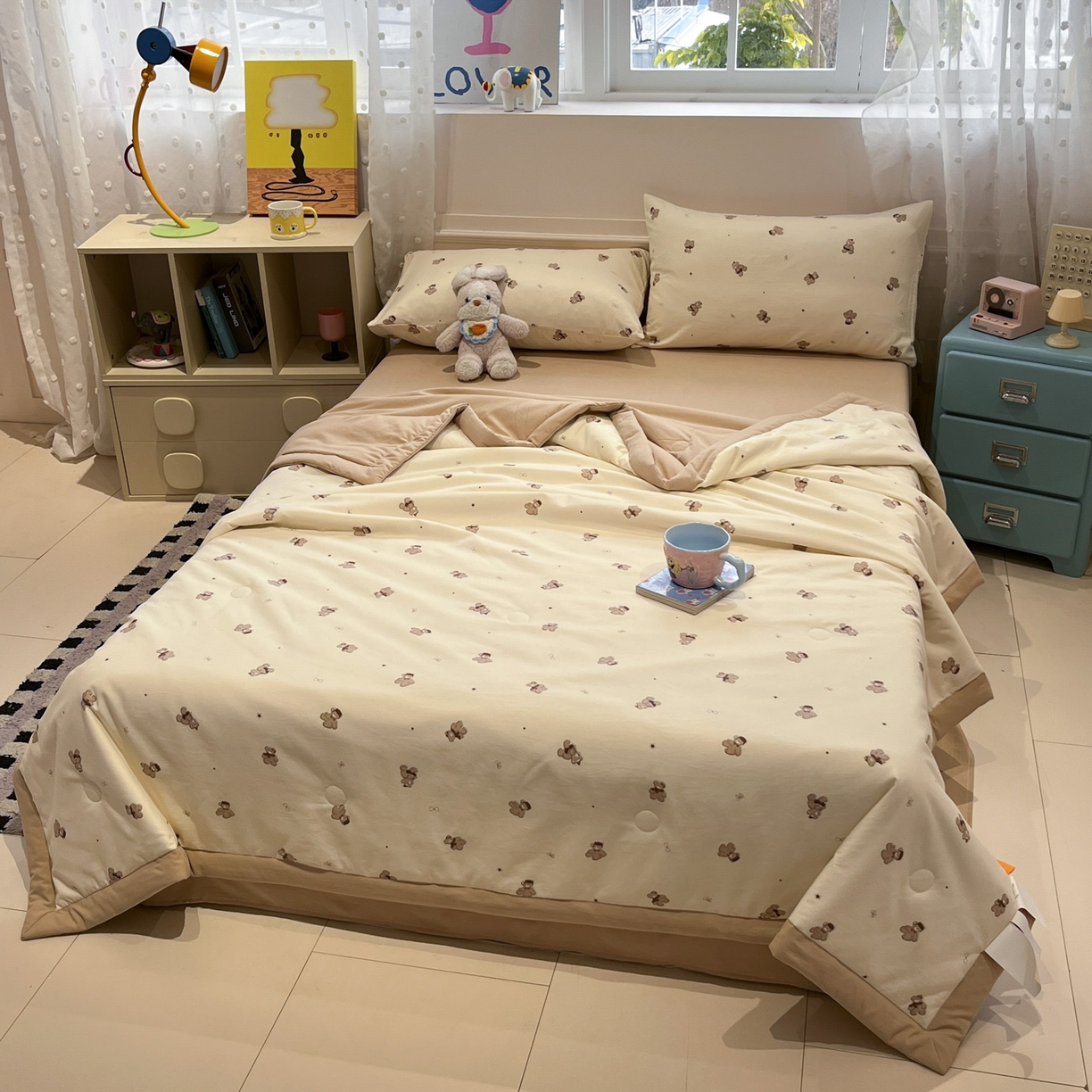 91家纺网 家纺一手货源 找家纺 一加一 2026新款云柔棉印花凉感冰蚕夏被夏凉被空调被四件套 星星熊