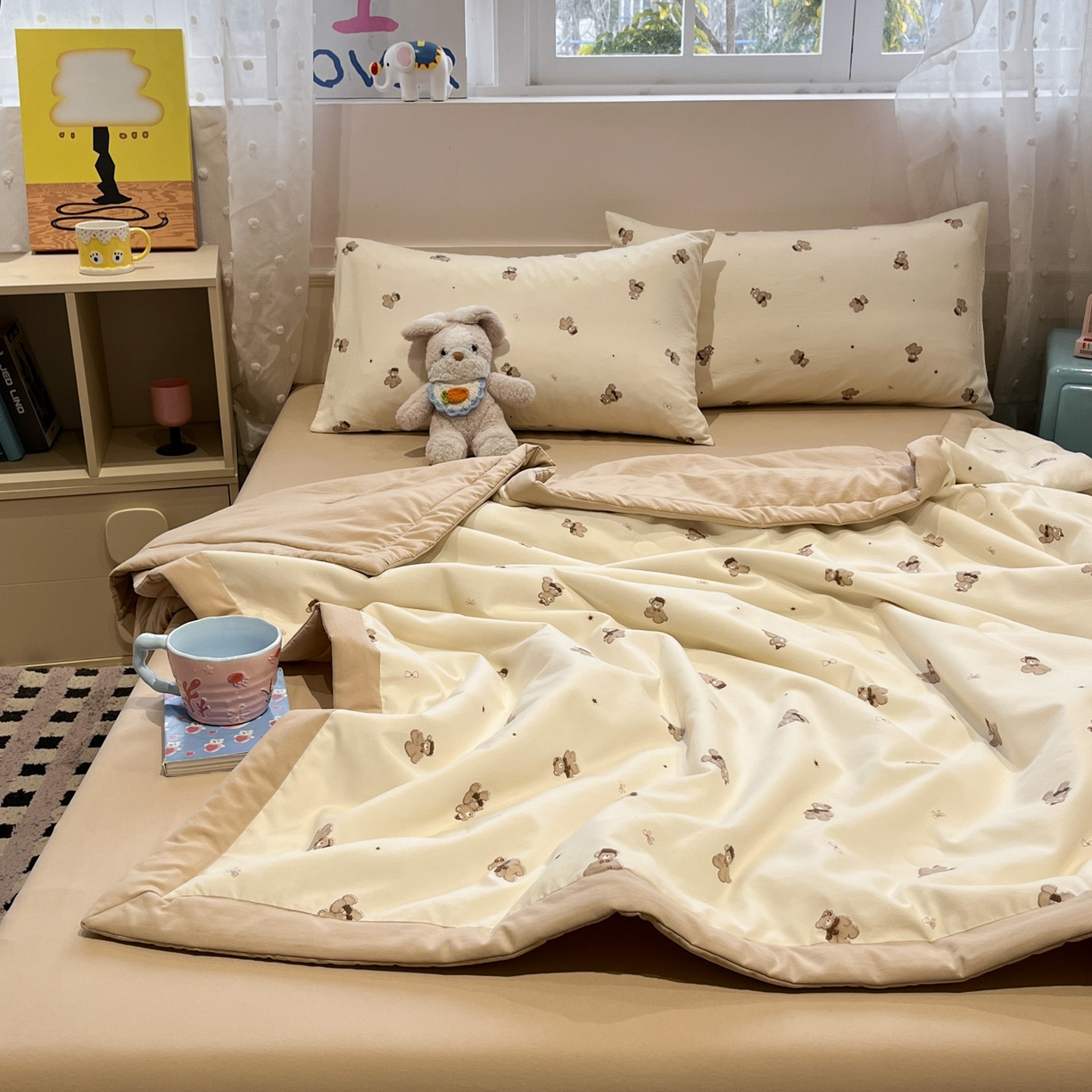 91家纺网 家纺一手货源 找家纺 一加一 2026新款云柔棉印花凉感冰蚕夏被夏凉被空调被四件套 星星熊