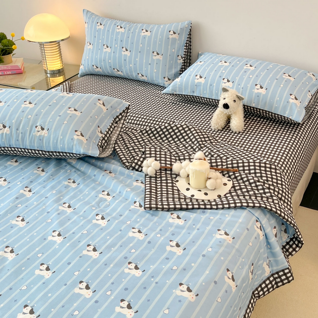 91家纺网 家纺一手货源 找家纺 一加一 2026新款全棉新疆棉花夏被夏凉被空调被四件套-棉语清夏 哈哈狗