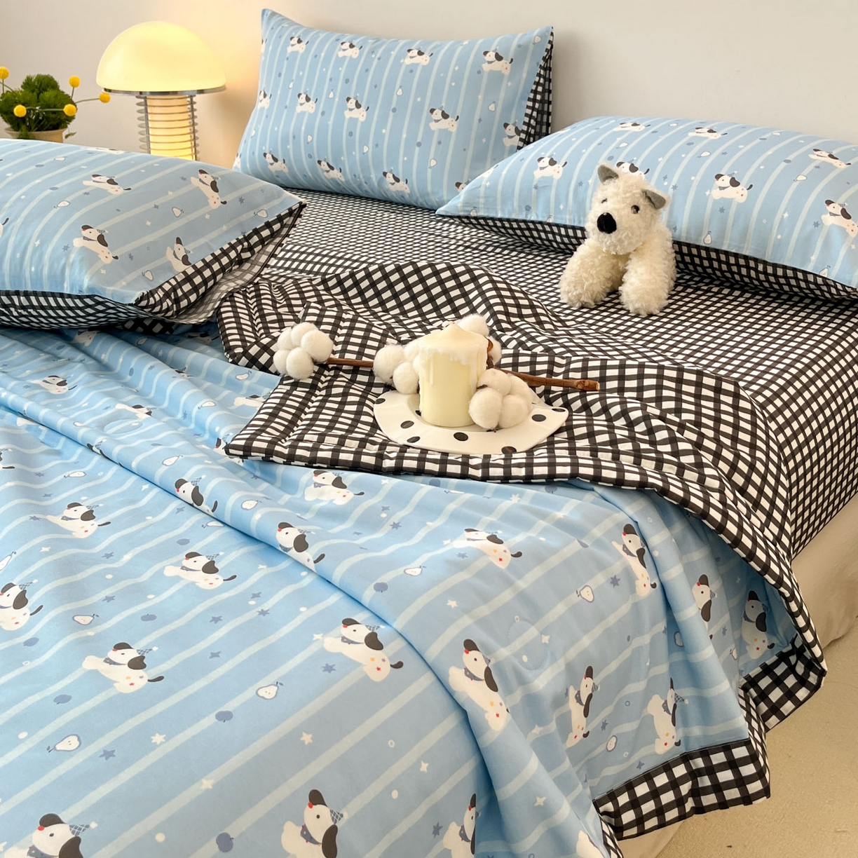 91家纺网 家纺一手货源 找家纺 一加一 2026新款全棉新疆棉花夏被夏凉被空调被四件套-棉语清夏 哈哈狗