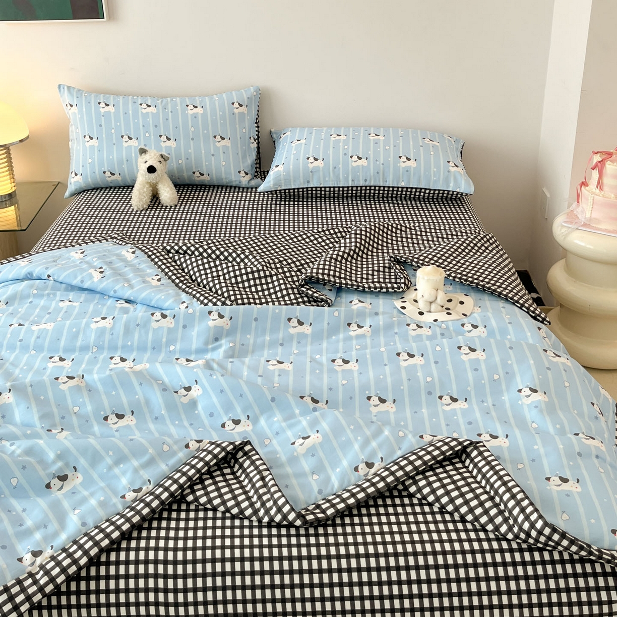 91家纺网 家纺一手货源 找家纺 一加一 2026新款全棉新疆棉花夏被夏凉被空调被四件套-棉语清夏 哈哈狗