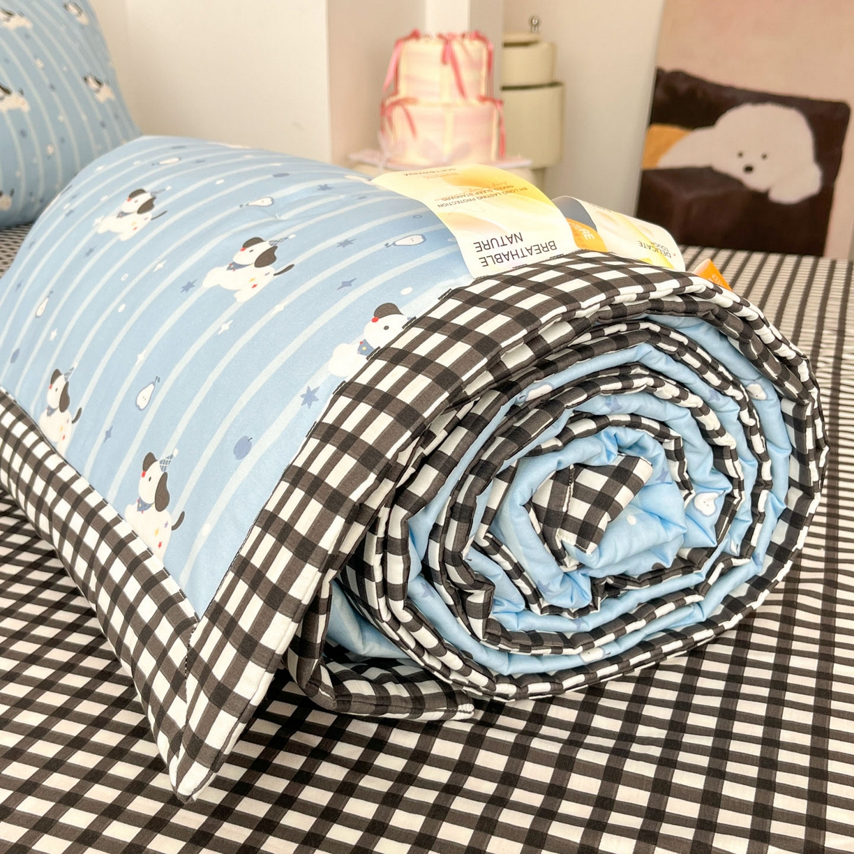 91家纺网 家纺一手货源 找家纺 一加一 2026新款全棉新疆棉花夏被夏凉被空调被四件套-棉语清夏 哈哈狗