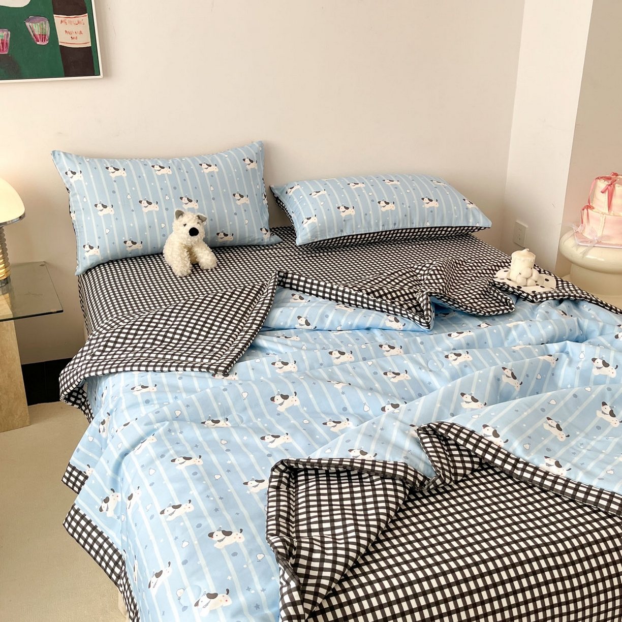 91家纺网 家纺一手货源 找家纺 一加一 2026新款全棉新疆棉花夏被夏凉被空调被四件套-棉语清夏 哈哈狗