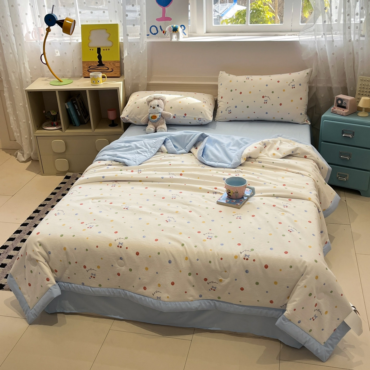 91家纺网 家纺一手货源 找家纺 一加一 2026新款云柔棉印花凉感冰蚕夏被夏凉被空调被四件套 阳光心情