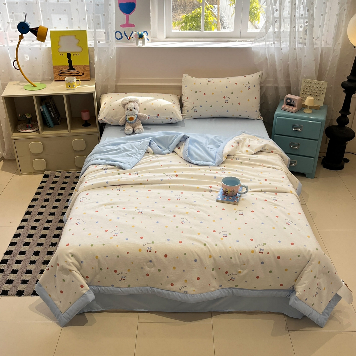 91家纺网 家纺一手货源 找家纺 一加一 2026新款云柔棉印花凉感冰蚕夏被夏凉被空调被四件套 阳光心情