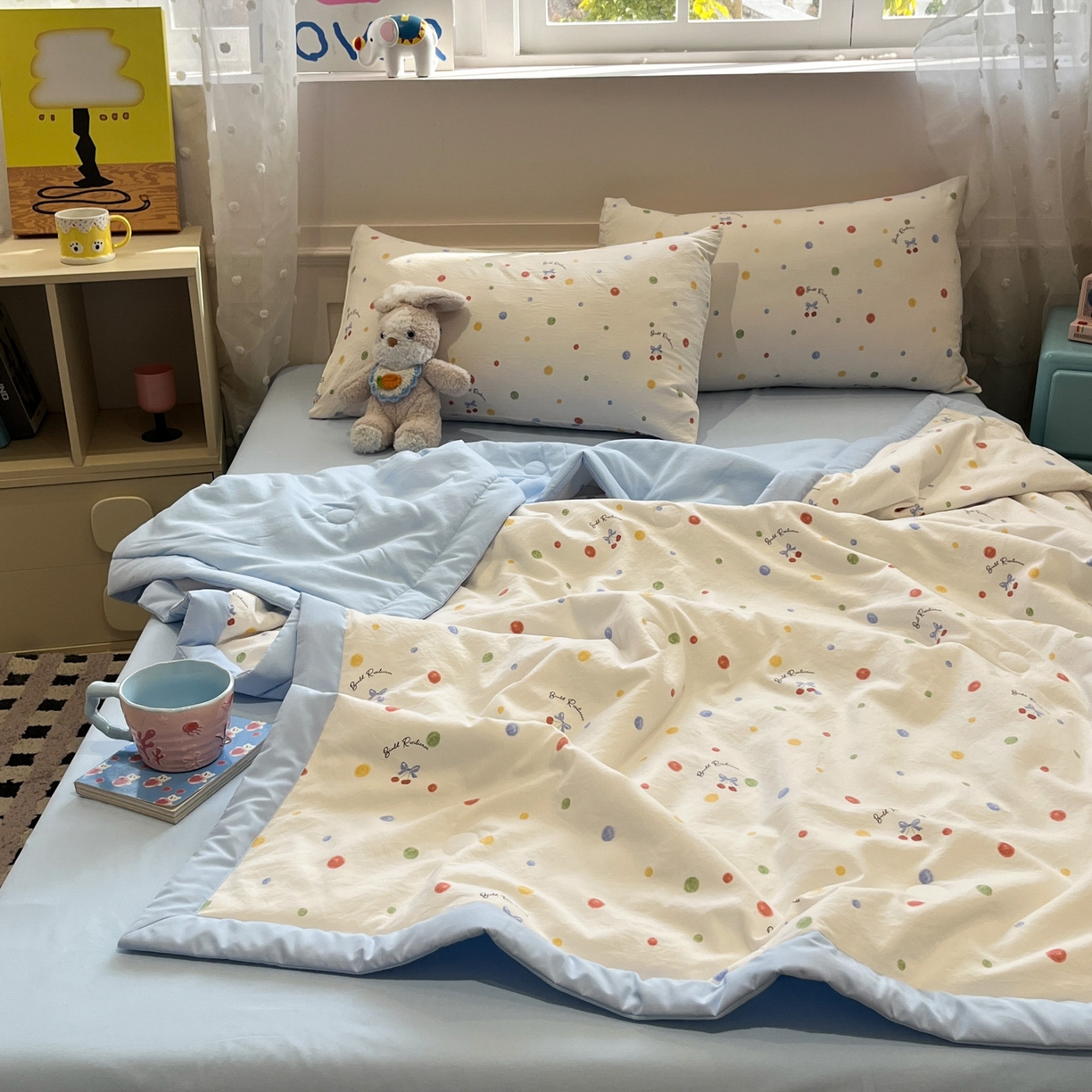 91家纺网 家纺一手货源 找家纺 一加一 2026新款云柔棉印花凉感冰蚕夏被夏凉被空调被四件套 阳光心情