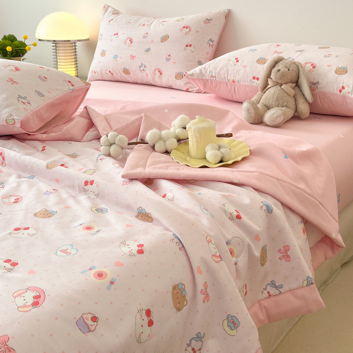 91家纺网 家纺一手货源 找家纺 一加一 2026新款全棉新疆棉花夏被夏凉被空调被四件套-棉语清夏 猫猫乐园