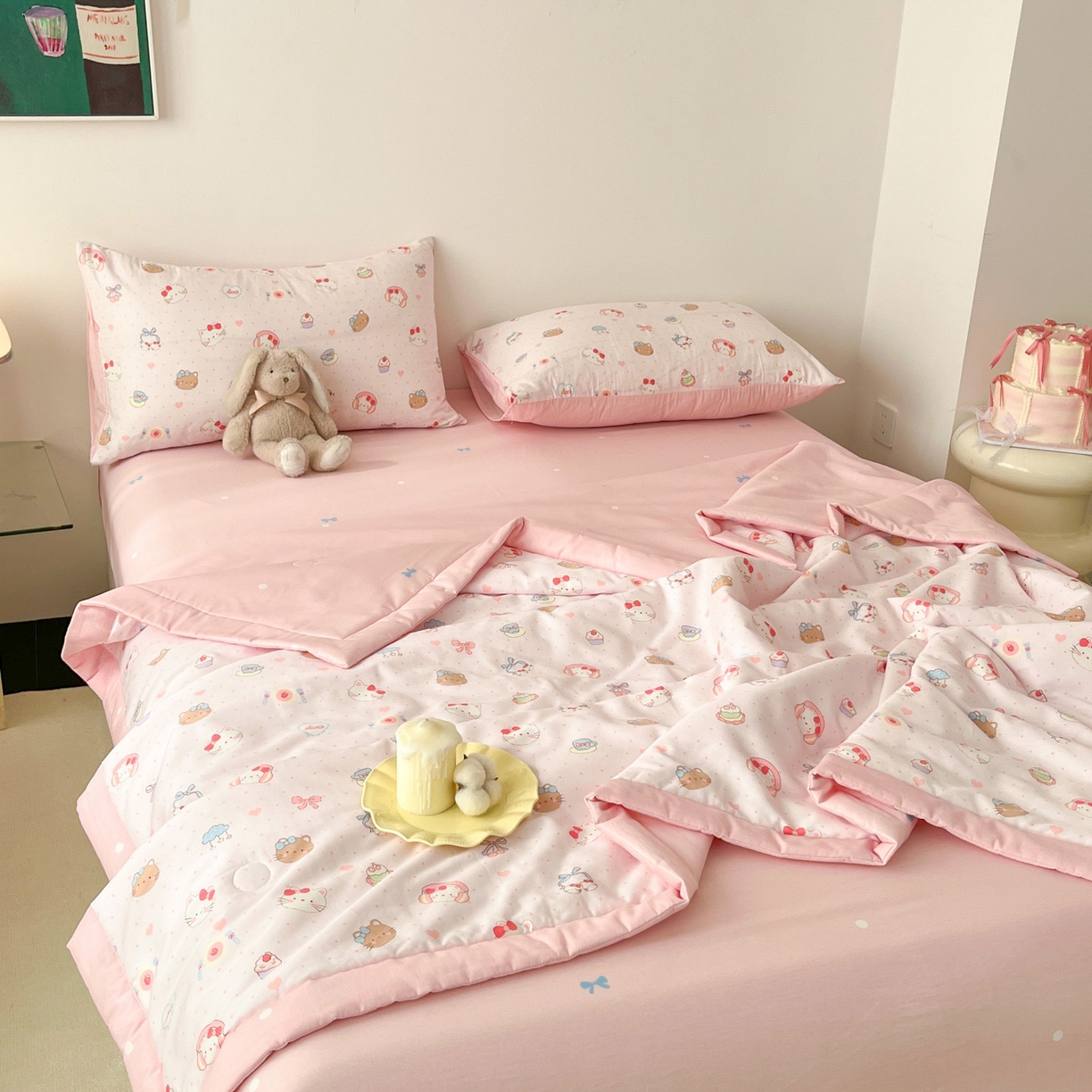 91家纺网 家纺一手货源 找家纺 一加一 2026新款全棉新疆棉花夏被夏凉被空调被四件套-棉语清夏 猫猫乐园