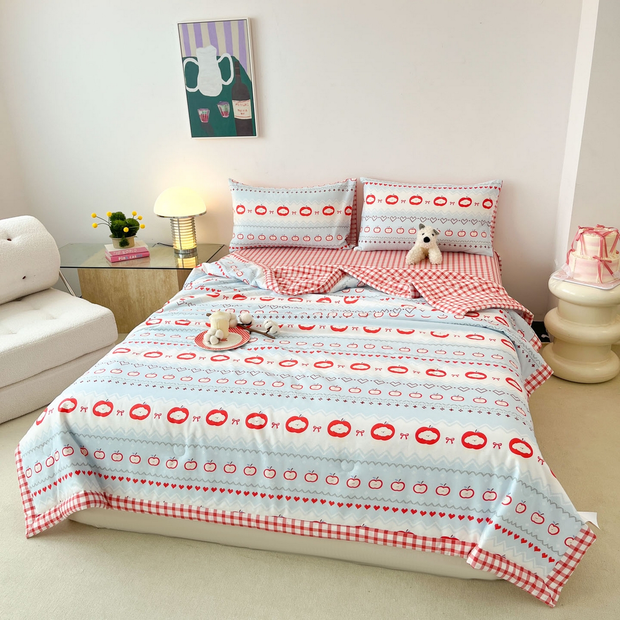 91家纺网 家纺一手货源 找家纺 一加一 2026新款全棉新疆棉花夏被夏凉被空调被四件套-棉语清夏 苹果乐园