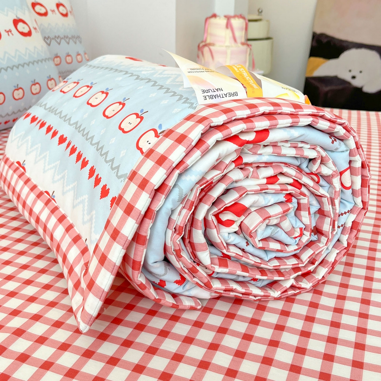 91家纺网 家纺一手货源 找家纺 一加一 2026新款全棉新疆棉花夏被夏凉被空调被四件套-棉语清夏 苹果乐园