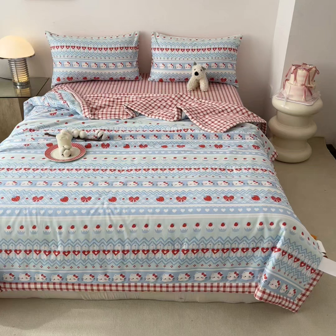 91家纺网 家纺一手货源 找家纺 一加一 2026新款全棉新疆棉花夏被夏凉被空调被四件套-棉语清夏 甜心猫咪