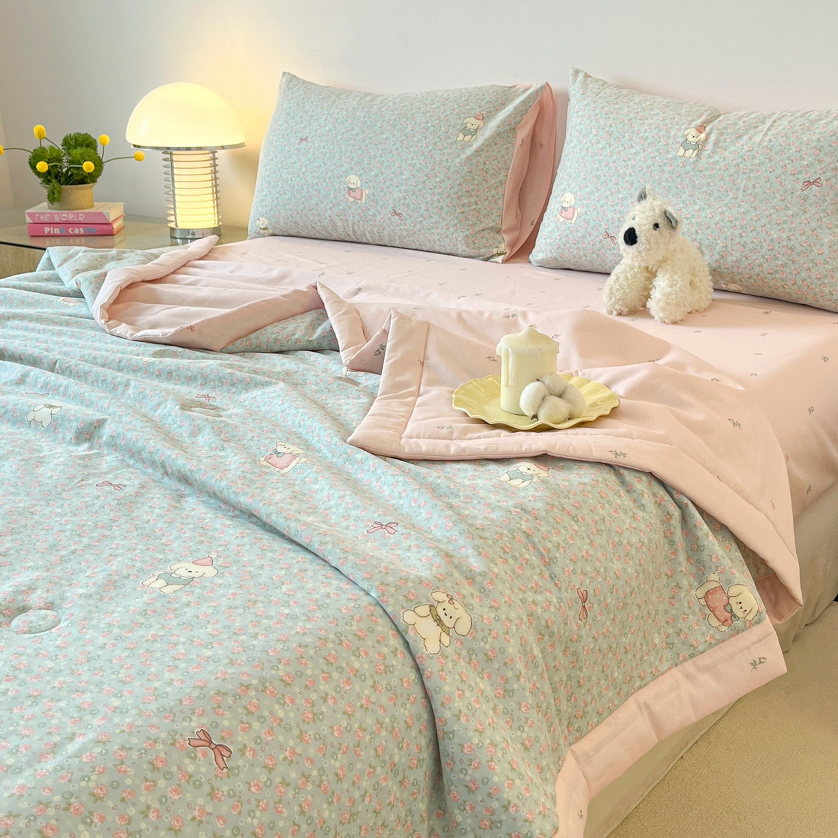 91家纺网 家纺一手货源 找家纺 一加一 2026新款全棉新疆棉花夏被夏凉被空调被四件套-棉语清夏 小狗日记