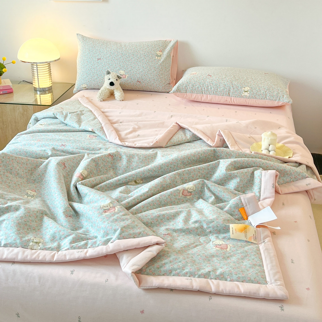 91家纺网 家纺一手货源 找家纺 一加一 2026新款全棉新疆棉花夏被夏凉被空调被四件套-棉语清夏 小狗日记