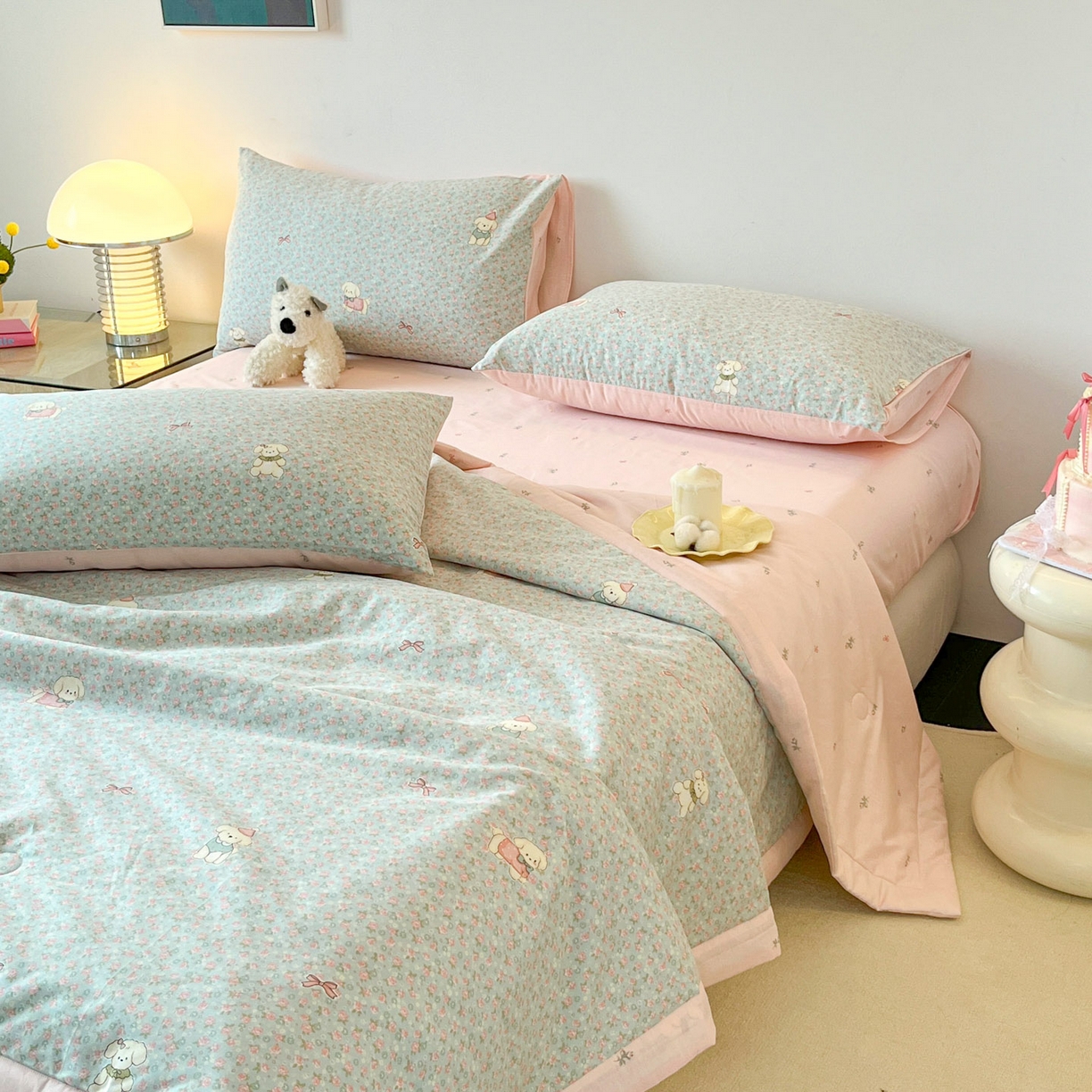 91家纺网 家纺一手货源 找家纺 一加一 2026新款全棉新疆棉花夏被夏凉被空调被四件套-棉语清夏 小狗日记