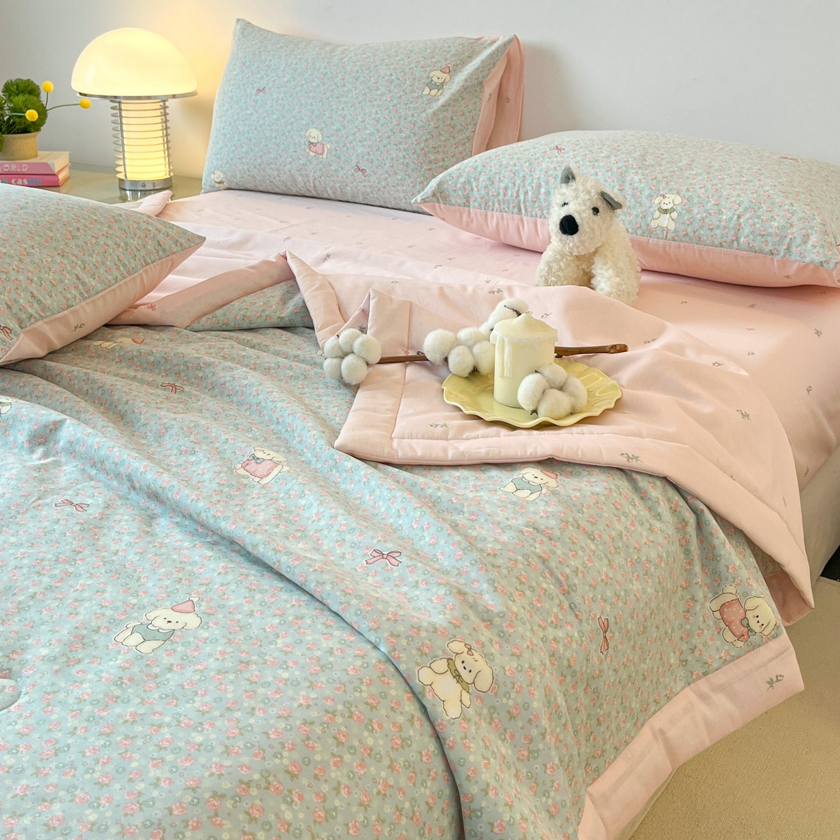 91家纺网 家纺一手货源 找家纺 一加一 2026新款全棉新疆棉花夏被夏凉被空调被四件套-棉语清夏 小狗日记