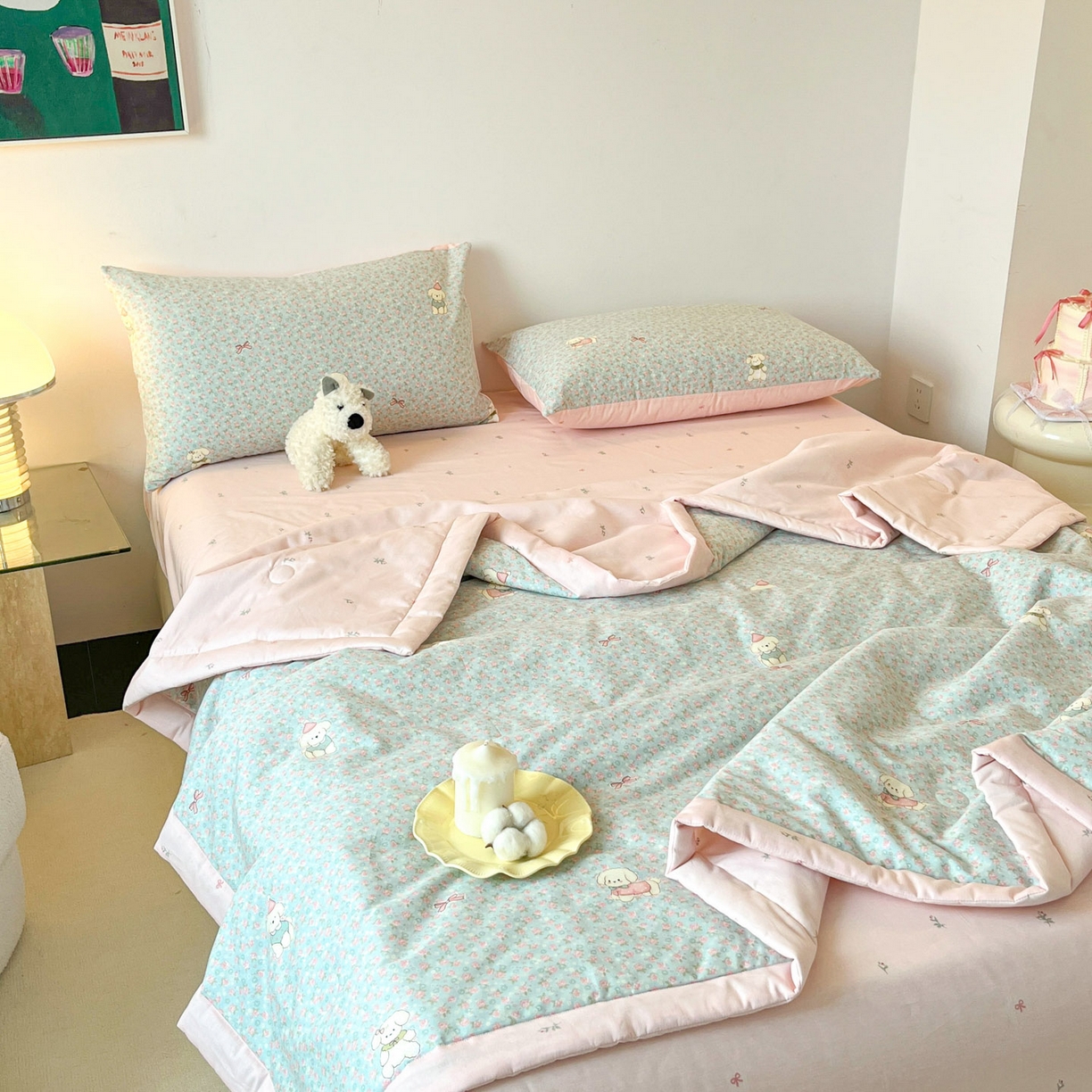 91家纺网 家纺一手货源 找家纺 一加一 2026新款全棉新疆棉花夏被夏凉被空调被四件套-棉语清夏 小狗日记