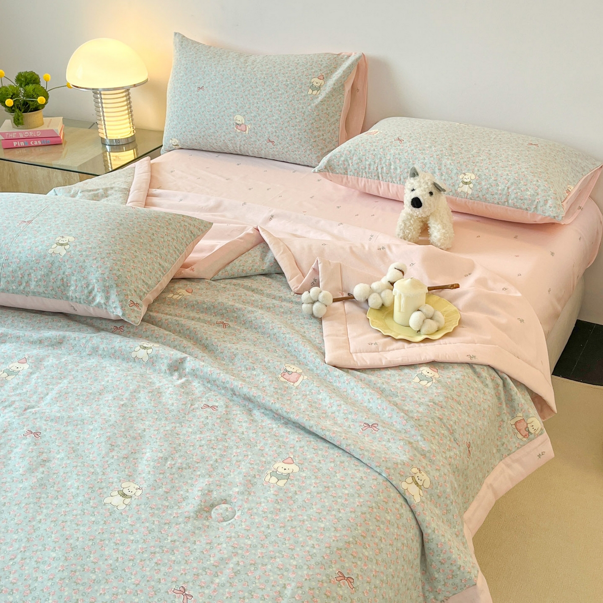 91家纺网 家纺一手货源 找家纺 一加一 2026新款全棉新疆棉花夏被夏凉被空调被四件套-棉语清夏 小狗日记