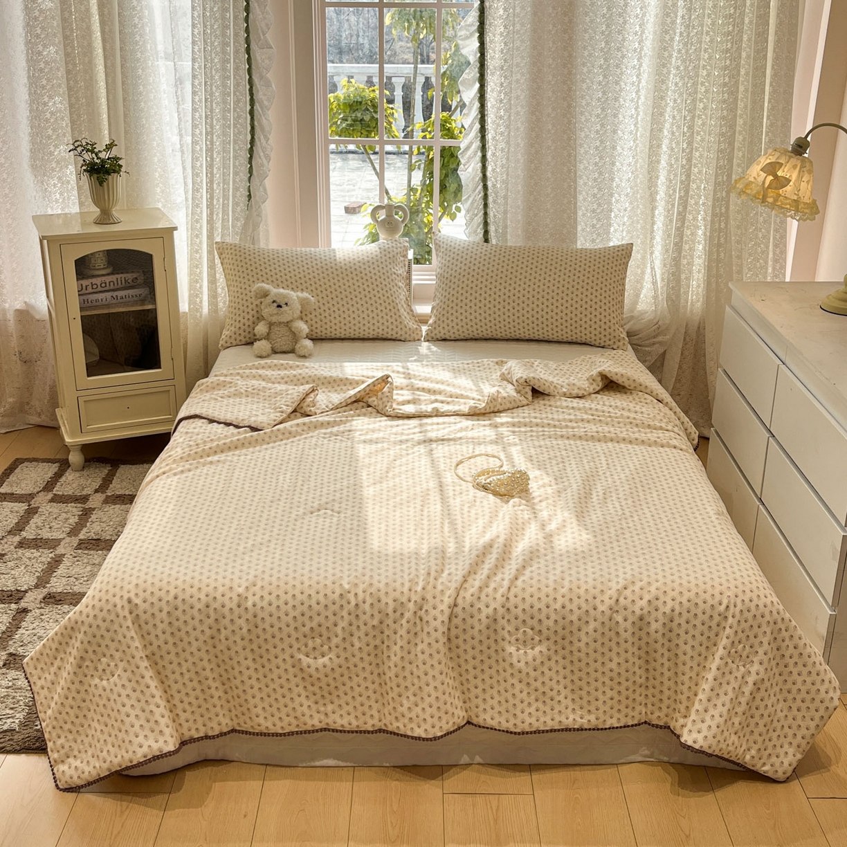 91家纺网 家纺一手货源 找家纺 一加一 2026新款全棉双层纱印花小花边大豆夏被夏凉被空调被-花纱眠夏 花影