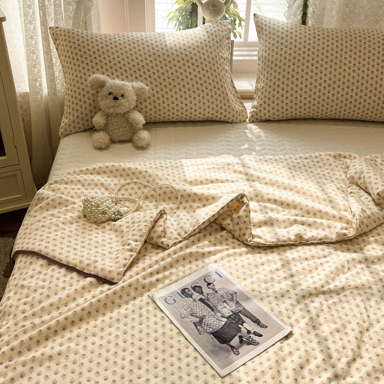 91家纺网 家纺一手货源 找家纺 一加一 2026新款全棉双层纱印花小花边大豆夏被夏凉被空调被-花纱眠夏 花影