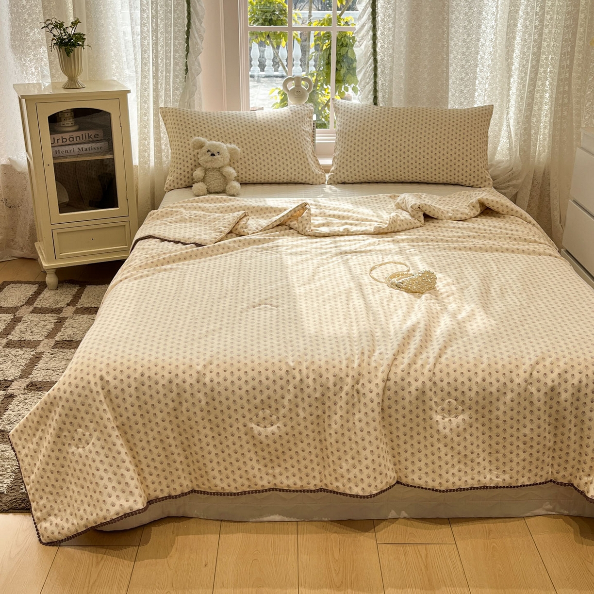 91家纺网 家纺一手货源 找家纺 一加一 2026新款全棉双层纱印花小花边大豆夏被夏凉被空调被-花纱眠夏 花影