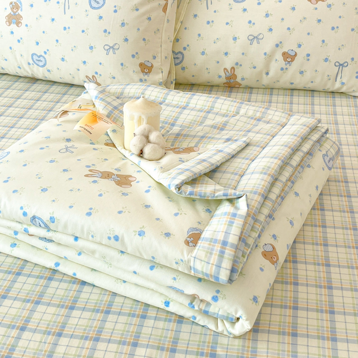 一加一 2026新款全棉新疆棉花夏被夏凉被空调被四件套-棉语清夏 熊兔伙伴