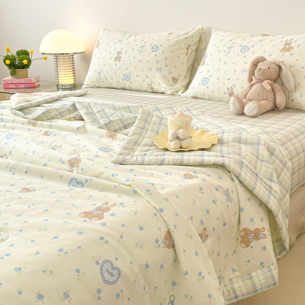 91家纺网 家纺一手货源 找家纺 一加一 2026新款全棉新疆棉花夏被夏凉被空调被四件套-棉语清夏 熊兔伙伴