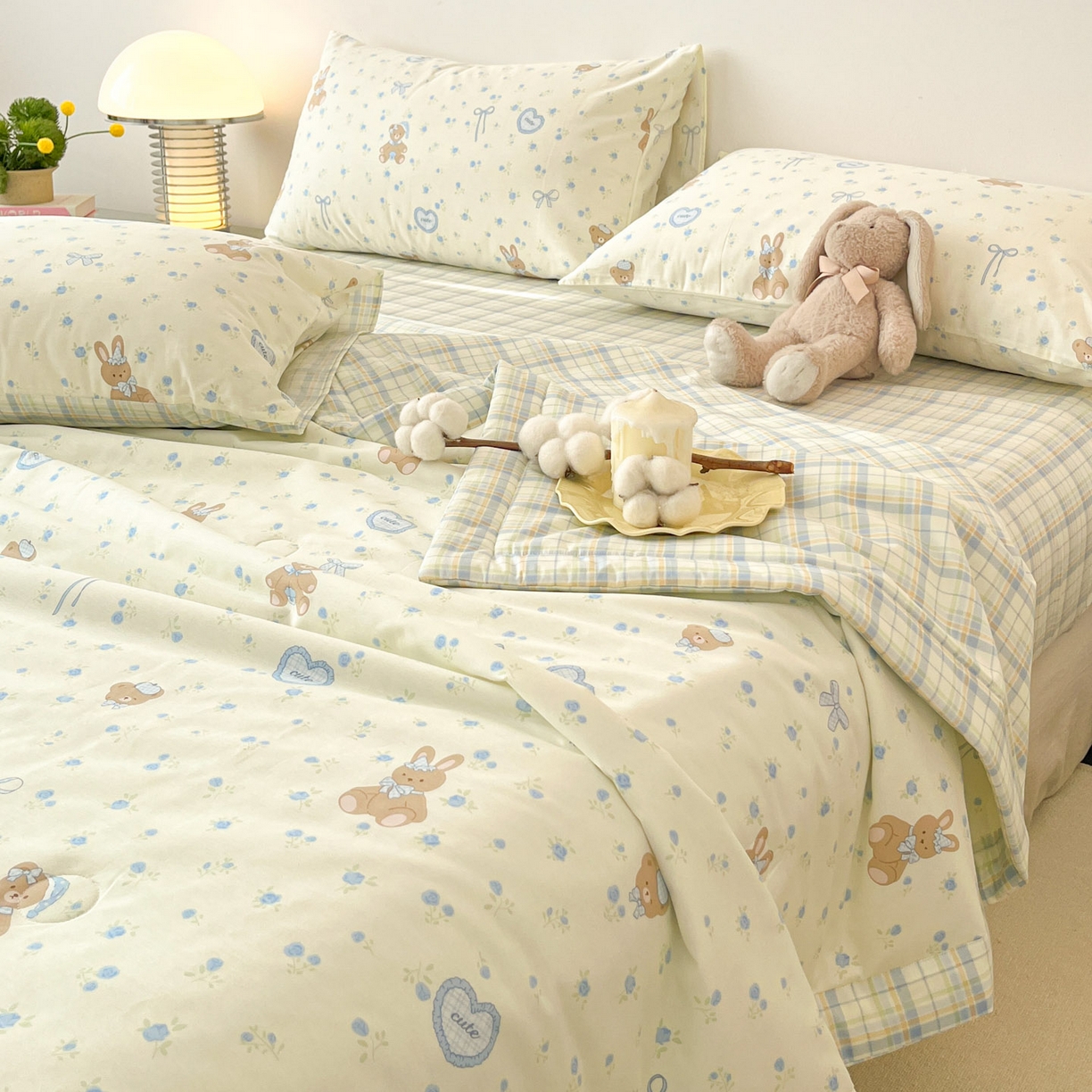 91家纺网 家纺一手货源 找家纺 一加一 2026新款全棉新疆棉花夏被夏凉被空调被四件套-棉语清夏 熊兔伙伴