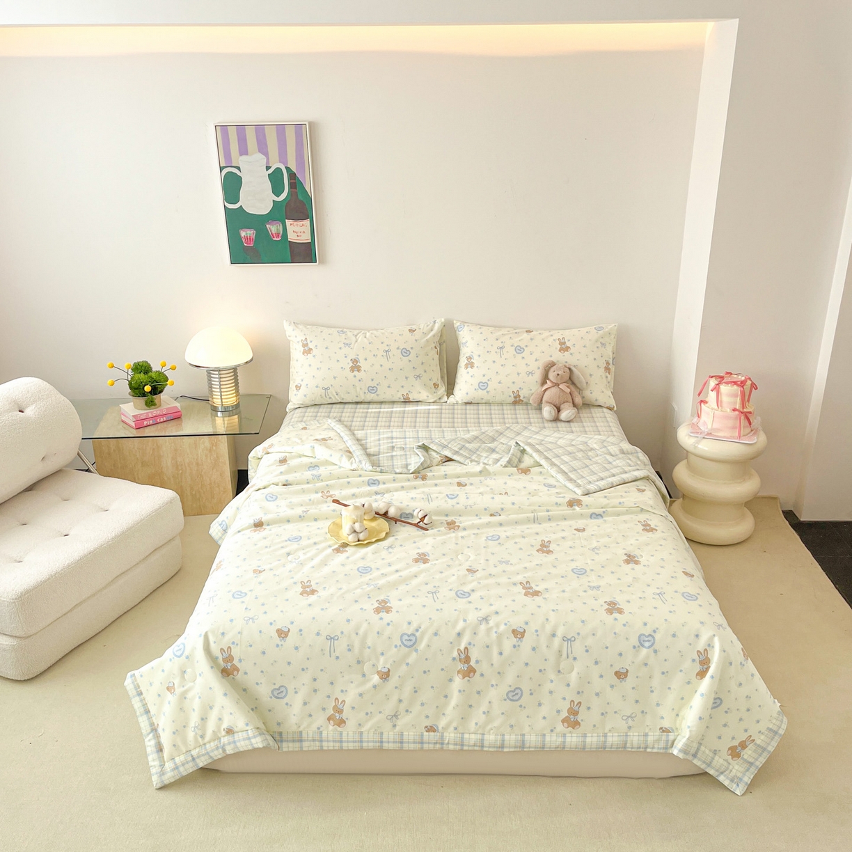 91家纺网 家纺一手货源 找家纺 一加一 2026新款全棉新疆棉花夏被夏凉被空调被四件套-棉语清夏 熊兔伙伴