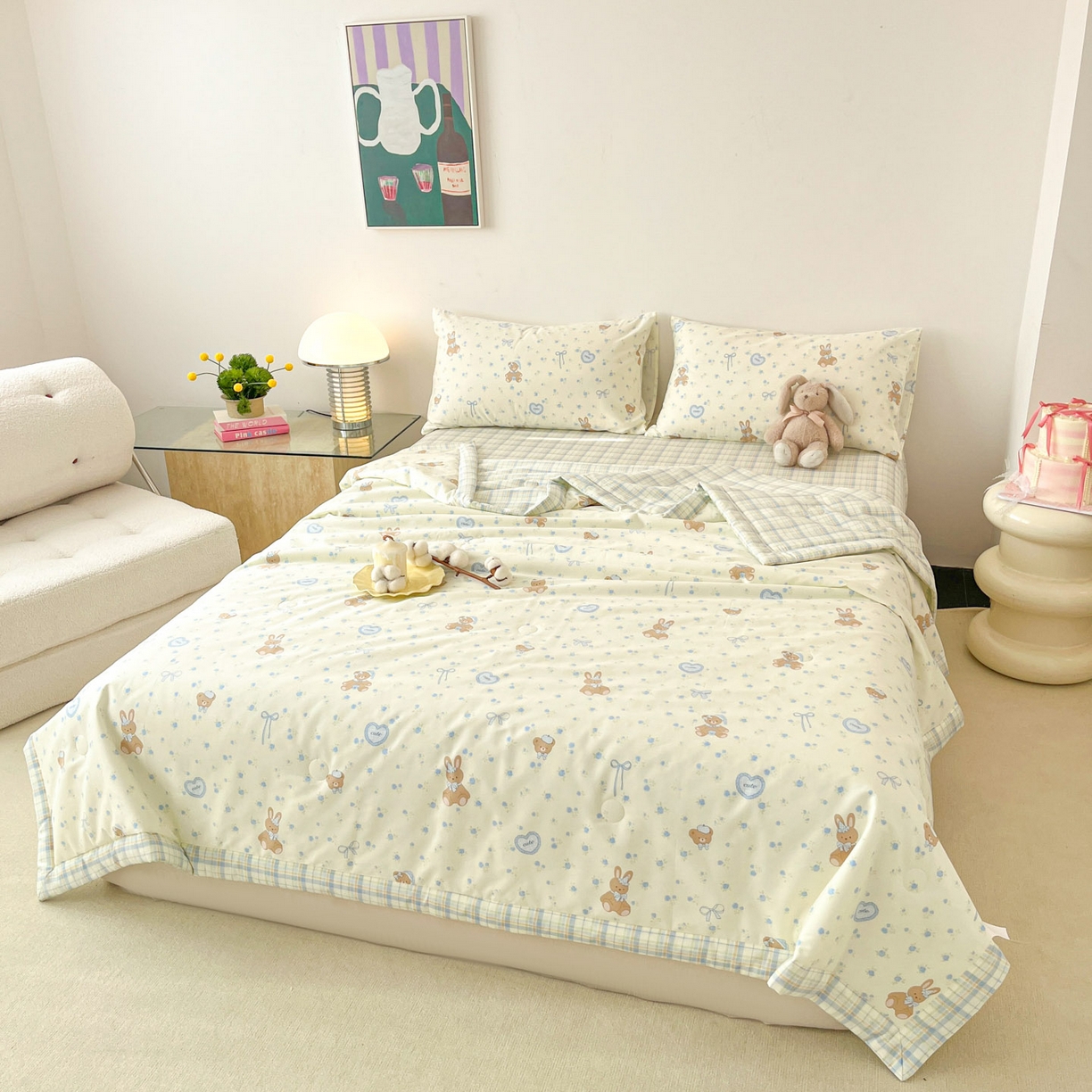 91家纺网 家纺一手货源 找家纺 一加一 2026新款全棉新疆棉花夏被夏凉被空调被四件套-棉语清夏 熊兔伙伴