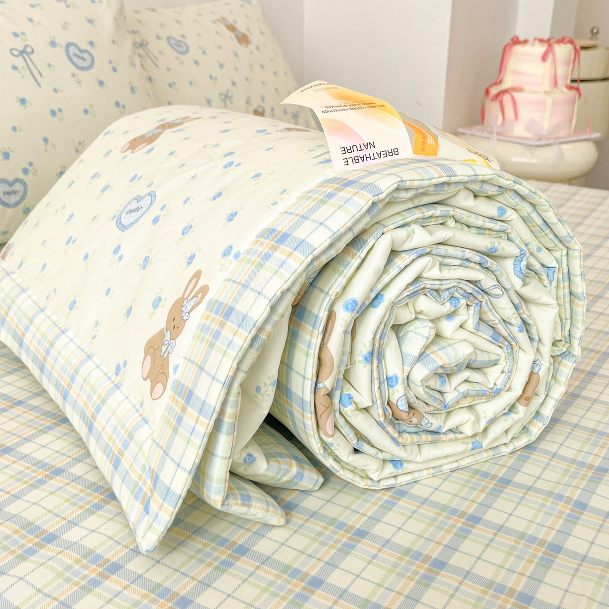 91家纺网 家纺一手货源 找家纺 一加一 2026新款全棉新疆棉花夏被夏凉被空调被四件套-棉语清夏 熊兔伙伴