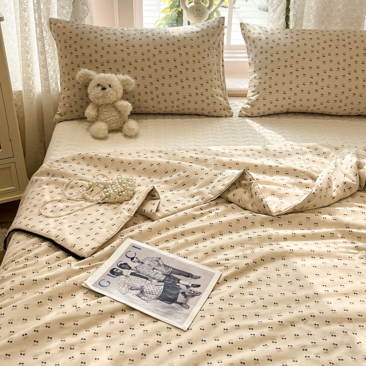 91家纺网 家纺一手货源 找家纺 一加一 2026新款全棉双层纱印花小花边大豆夏被夏凉被空调被-花纱眠夏 焦糖樱桃