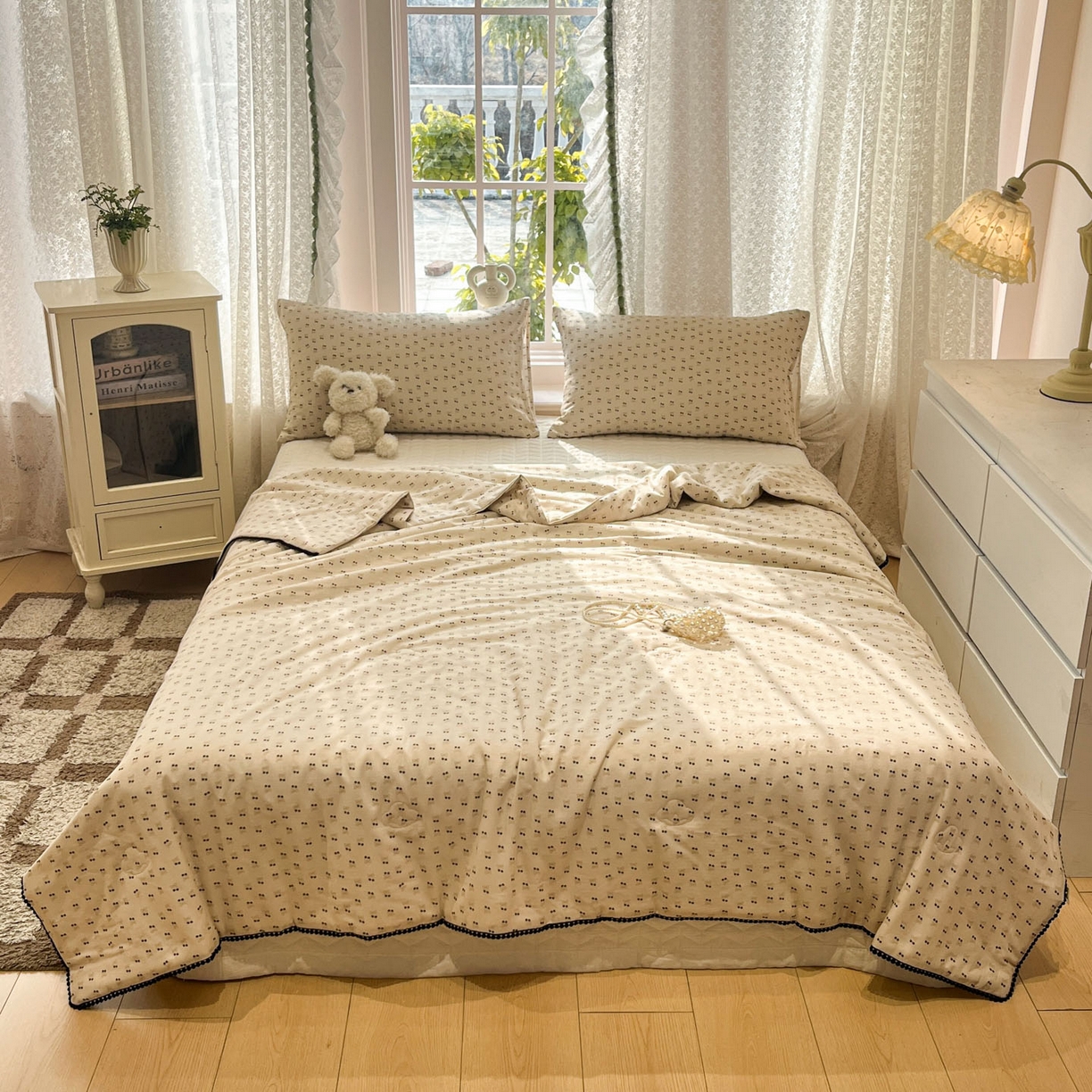 91家纺网 家纺一手货源 找家纺 一加一 2026新款全棉双层纱印花小花边大豆夏被夏凉被空调被-花纱眠夏 焦糖樱桃