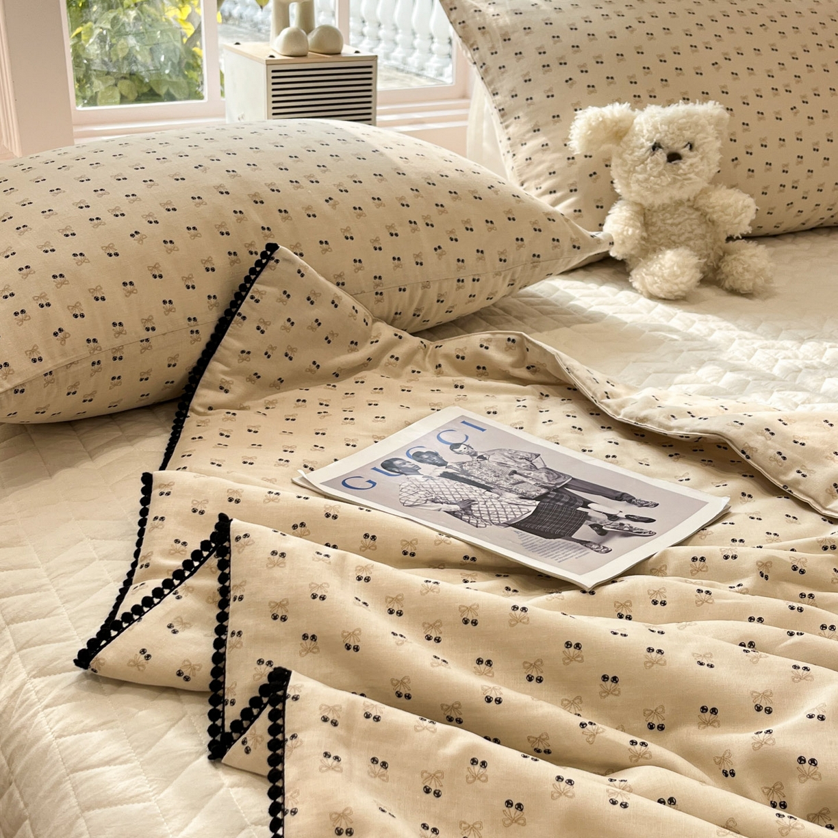 91家纺网 家纺一手货源 找家纺 一加一 2026新款全棉双层纱印花小花边大豆夏被夏凉被空调被-花纱眠夏 焦糖樱桃