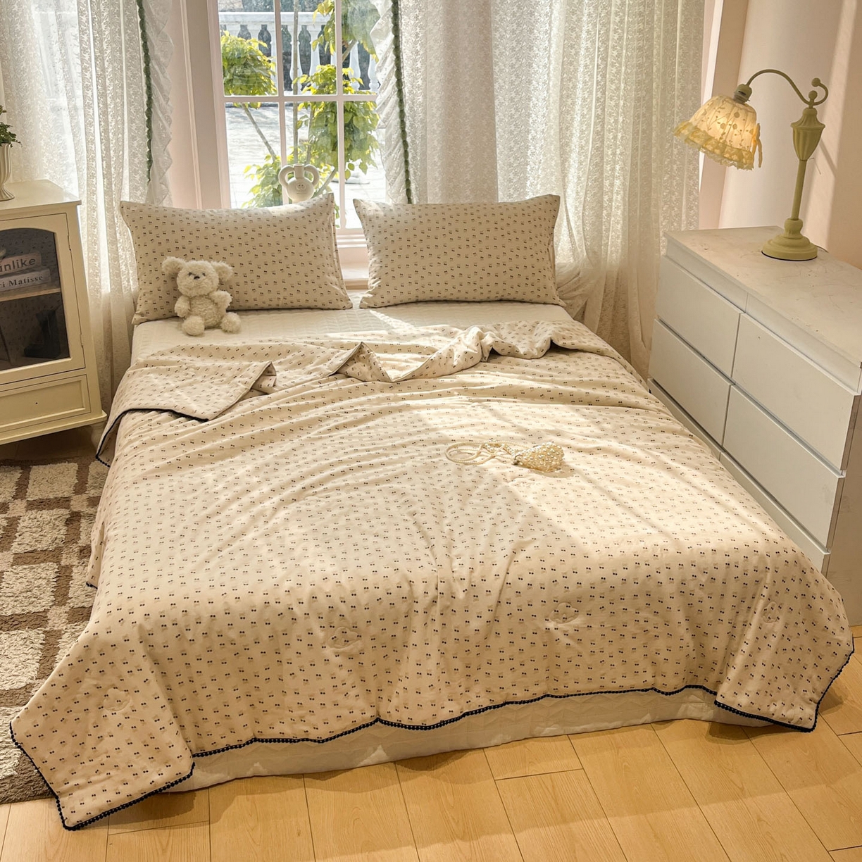 91家纺网 家纺一手货源 找家纺 一加一 2026新款全棉双层纱印花小花边大豆夏被夏凉被空调被-花纱眠夏 焦糖樱桃