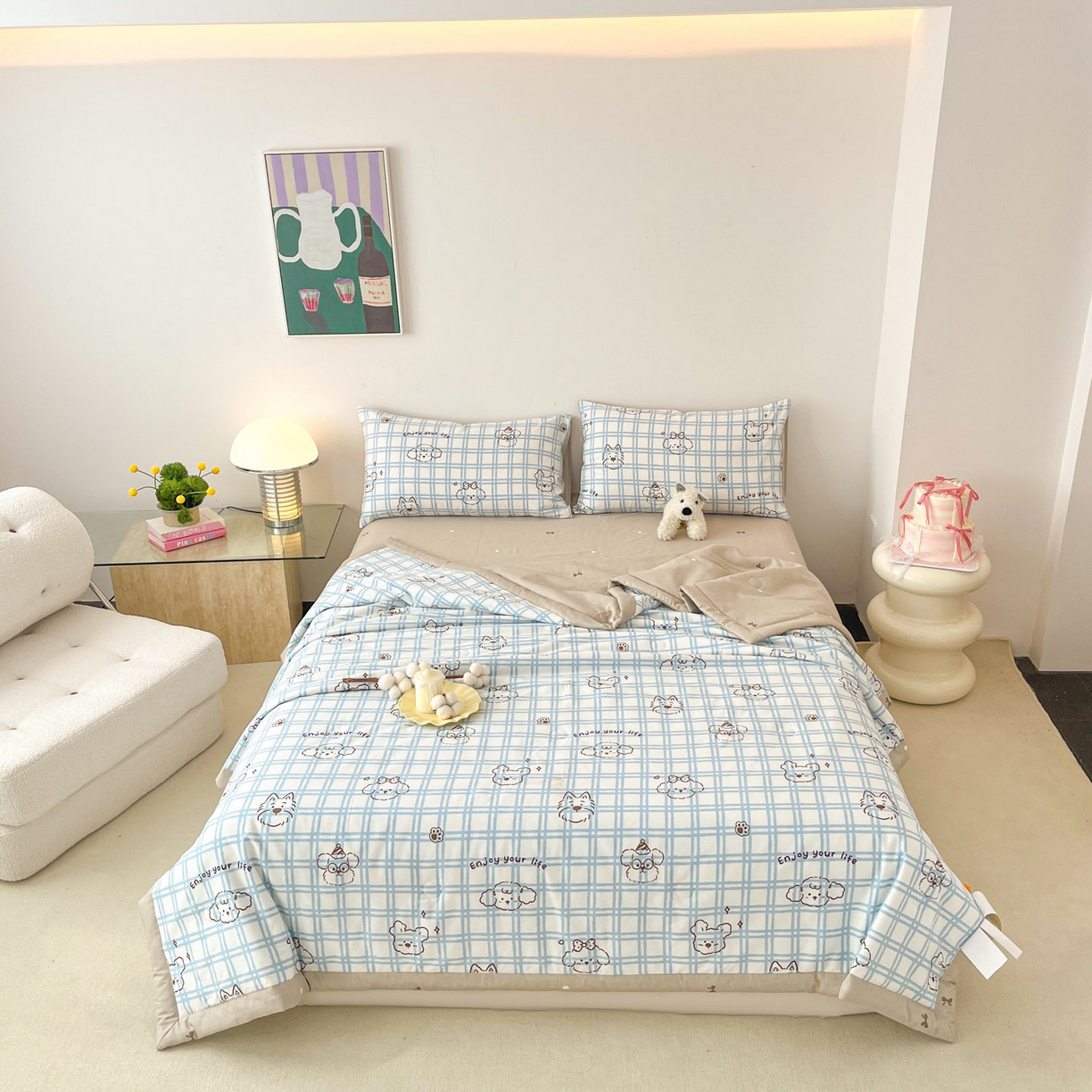 91家纺网 家纺一手货源 找家纺 一加一 2026新款全棉新疆棉花夏被夏凉被空调被四件套-棉语清夏 云朵狗