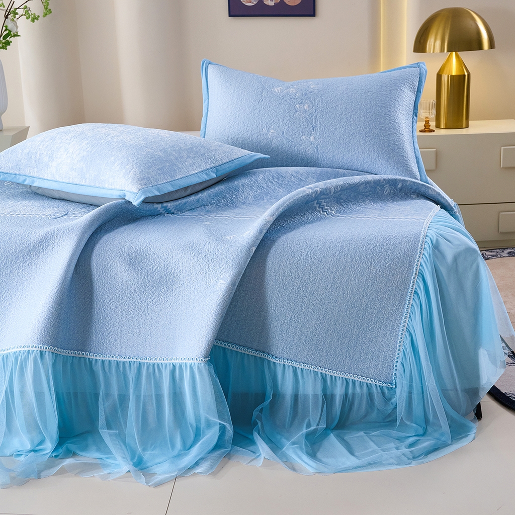 91家纺网 家纺一手货源 找家纺 青雅席业 2026新款A类凉感豆豆席凉席席子-床裙款 床裙款-花枝招展-蓝