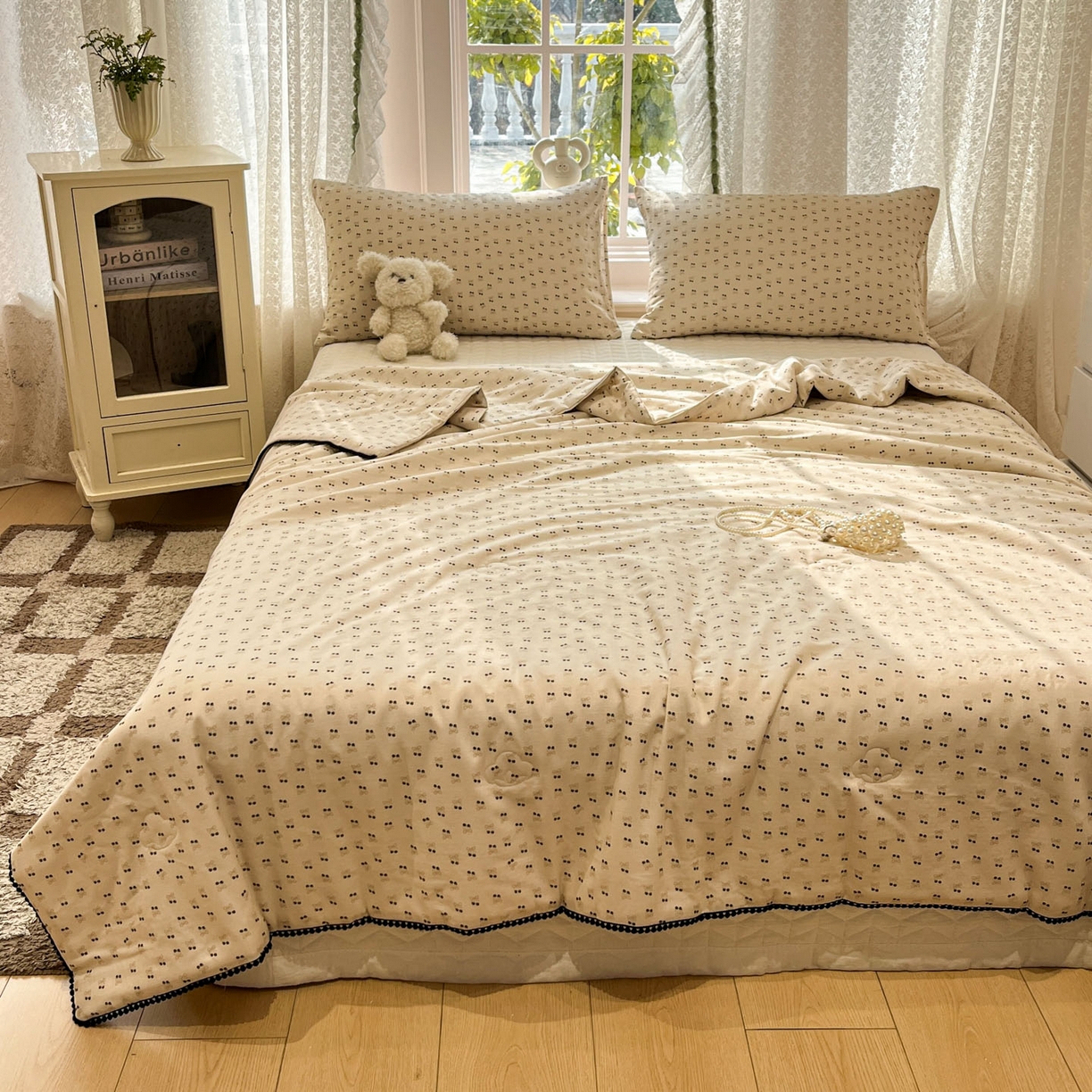 91家纺网 家纺一手货源 找家纺 一加一 2026新款全棉双层纱印花小花边大豆夏被夏凉被空调被-花纱眠夏 焦糖樱桃