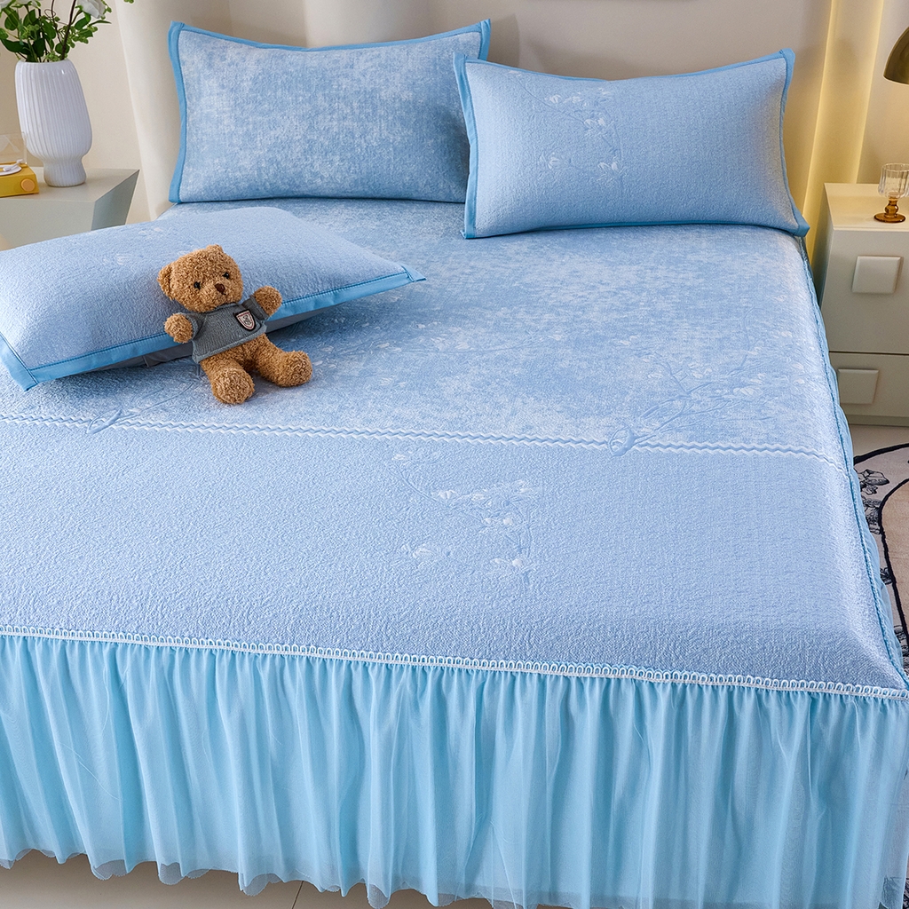 91家纺网 家纺一手货源 找家纺 青雅席业 2026新款A类凉感豆豆席凉席席子-床裙款 床裙款-花枝招展-蓝