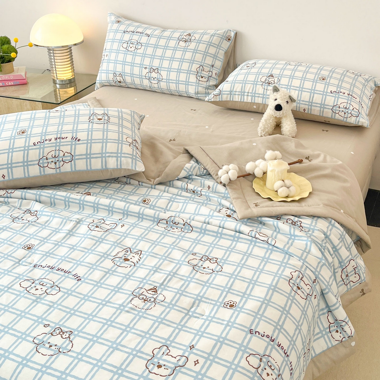 91家纺网 家纺一手货源 找家纺 一加一 2026新款全棉新疆棉花夏被夏凉被空调被四件套-棉语清夏 云朵狗